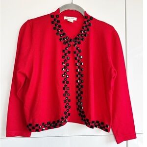 Luxxe Lane Red Cardigan Bejeweled Shrug Size Small Black Beads Crystals